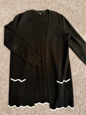 Talbots Black Open-Front Cardigan with White Scalloped Trim